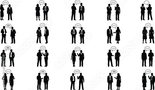 Collection of black business silhouettes representing people talking with speech bubbles in various professional communication scenarios for office vector design