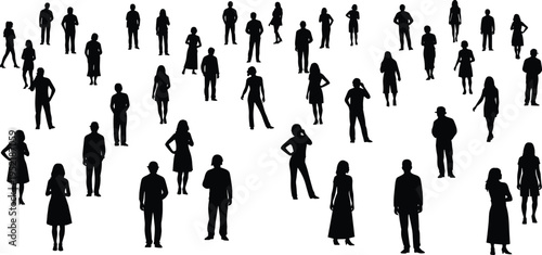 Collection of black silhouettes featuring people in various social interactions like handshaking dancing talking and walking for diverse lifestyle vector designs
