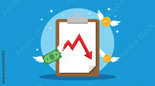 Financial Loss Concept with Clipboard Downward Arrow and Flying Money Vector