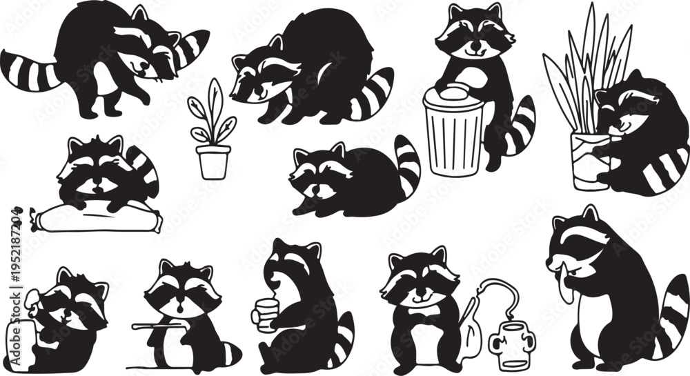 Obraz premium Cute Raccoon Vector Set: Playful Animals in Various Activities and Poses