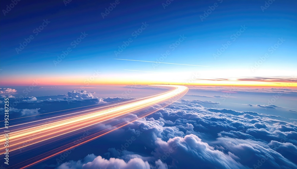 Fototapeta premium Airplane Light Trails Over Clouds at Sunset.