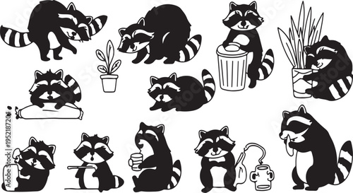 Cute Raccoon Vector Set: Playful Animals in Various Activities and Poses