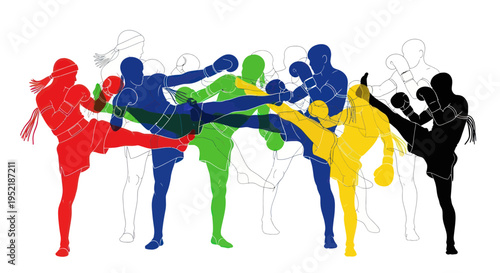 Diverse Muay Thai Fighters in Dynamic Kicking Pose, Silhouette Art