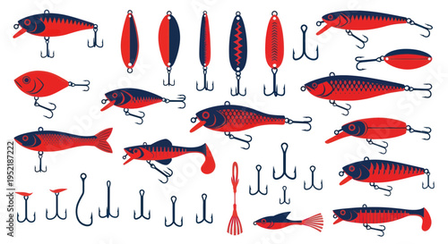 Fishing Lures and Hooks Collection: Red and Blue Lures for Angling Fun
