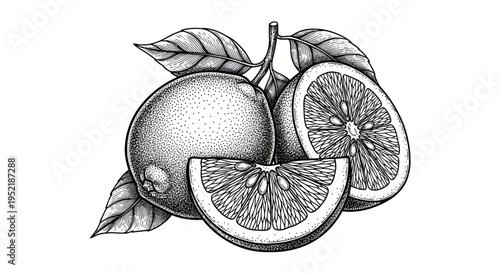 Hand-drawn Sketch of Oranges with Leaves and Slices, Black and White Line Art