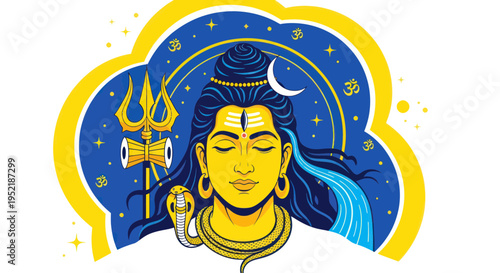 Lord Shiva Meditating with Third Eye, Crescent Moon, Trishul, and Om Symbol