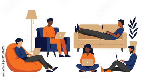 Diverse Group Working and Learning Remotely on Laptops in Cozy Home Living Room (WFH)