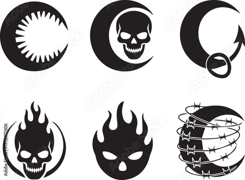 Collection of six black and white celestial and mythical face symbols