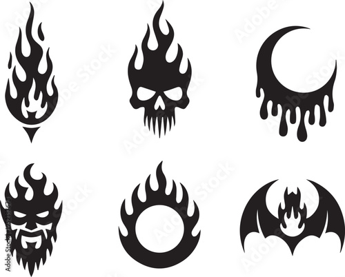 Collection of six black silhouette icons featuring flames skull moon and bat