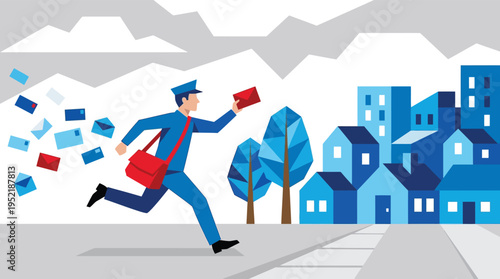 Express Mail Delivery Service: Fast Postman Running with Envelopes in Geometric Blue City