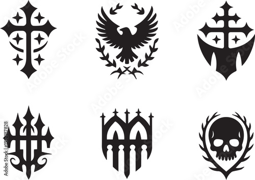 Collection of six black and white gothic and skull symbols