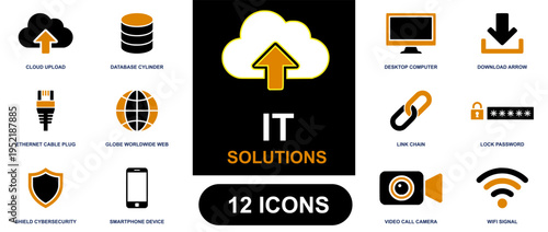 IT solutions icon set. Containing cloud upload, database, desktop computer, wifi signal, cybersecurity, password lock and more. Solid vector icons collection for technology services.