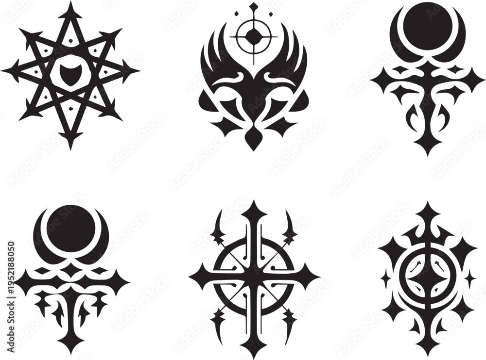 Fototapeta premium Collection of six unique black and white symbolic tattoos