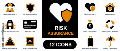 Risk assurance icon set. Containing family protection, insurance card, home shield, money coverage, travel insurance, vault safety and more. Solid vector icons collection for protection design.