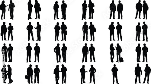 Diverse black silhouettes of people in casual winter clothing standing and talking in pairs for social interaction and community vector