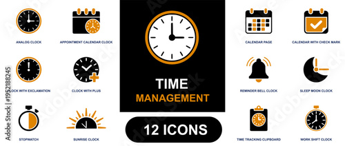 Time management icon set. Containing analog clock, calendar, reminder bell, stopwatch, work shift, appointment tracking and more. Solid vector icons collection for scheduling design.