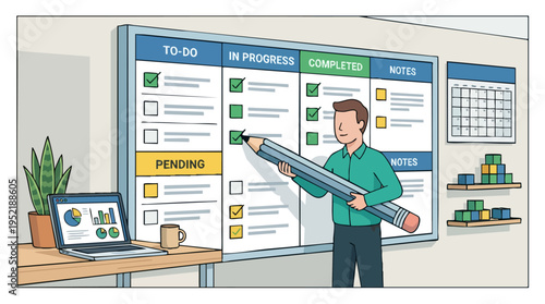 Businessman Managing and Updating Task Board with Digital and Paper Notes in Office Environment