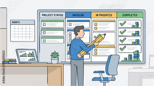 Businessman or project manager updating project status on a collaborative digital planning board during workday