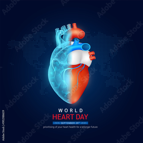 World heart day september 29th. Heart realistic shape model with translucent polygon on world map dark blue background. Poster for medical or health care social media advertising. Vector.