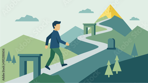 Businessman Walking on Scenic Mountain Pathway towards Summit and Gateway for Adventure and Achievement Concept