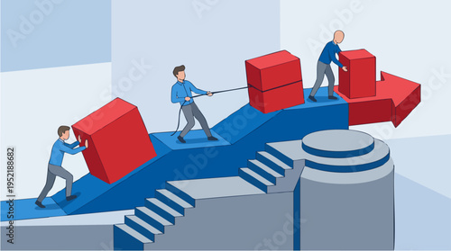 Businesspeople Collaborating and Moving Up an Arrow-shaped Path with Blocks Representing Progress and Growth
