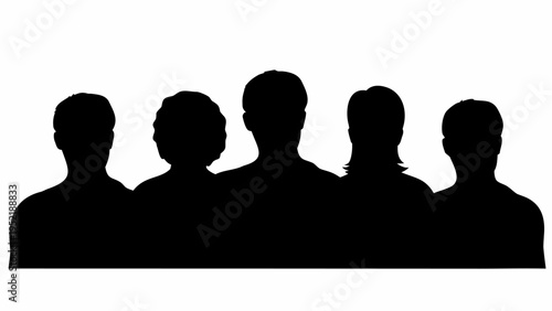 Five anonymous people in a row with their backs turned in black silhouette on white background for teamwork concept