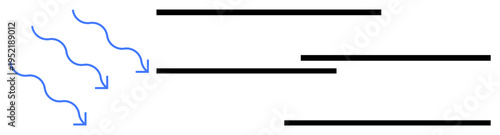 Aerodynamics, physics education, motion, airflow , fluid dynamics, air movement. Blue curved arrows indicating airflow interacting with parallel black lines. Aerodynamics and physics education