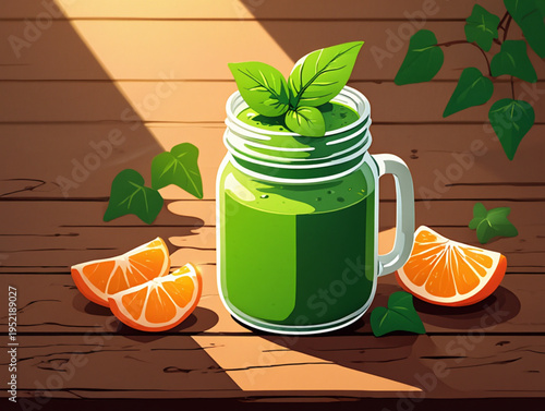 A green smoothie with basil leaves on top