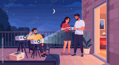 Couple on balcony at night.