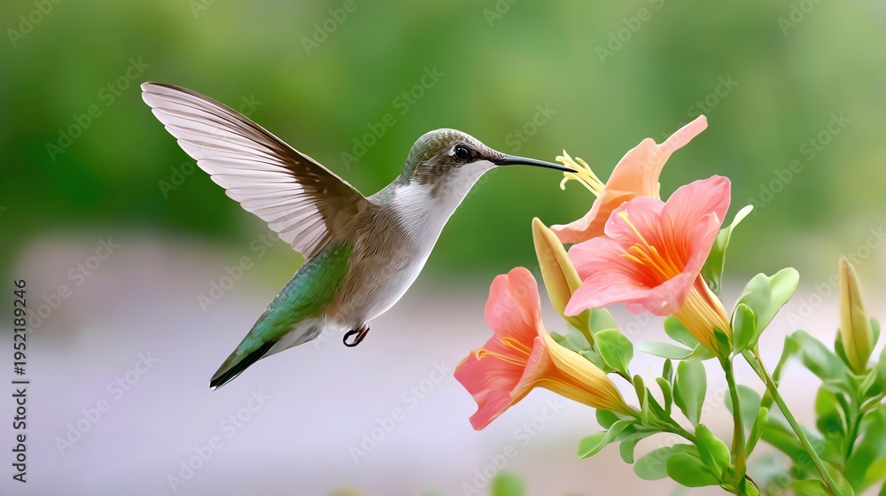 Obraz premium A hummingbird in mid-flight feeds nectar from vibrant pink trumpet-shaped flowers against a soft green background.