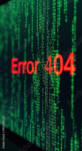 Digital display shows prominent red text indicating an inaccessible page error against a background of falling code