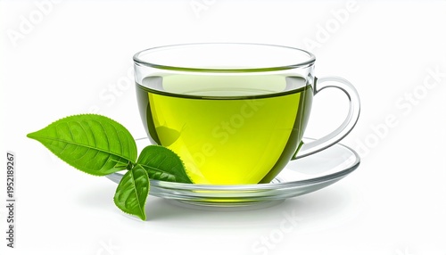 Refreshing Green Tea in a Glass Cup with Fresh Leaves.
