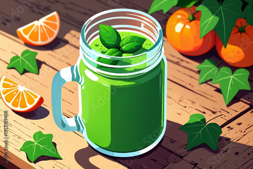 A glass of green juice with mint leaves on a wooden table