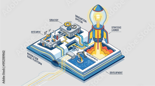 Creative innovation process illustration with rocket launching from a digital tablet symbolizing technological advancement and strategic development