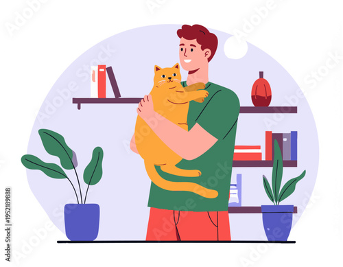 flat vector illustration of a young man holding a relaxed cat in his arms