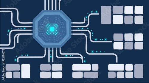 Digital technology concept illustration with interconnected circuit board design for innovation and data transfer