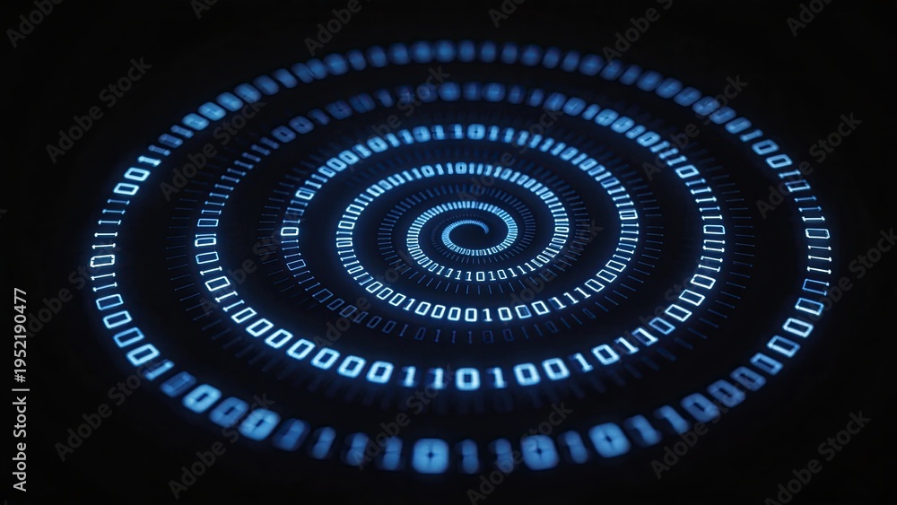 Naklejka premium Futuristic blue digital binary code spiral tunnel glowing data stream abstract cybersecurity concept 3D rendering artificial intelligence background encryption network,detail