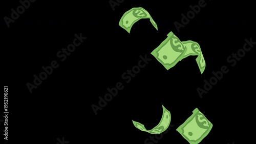 4K video banknotes explosion with seamless flying dollar bills on transparent background.