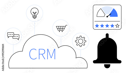CRM concept. CRM tools for managing customer communication, improving efficiency, and tracking ratings. CRM solutions enhance workflow for businesses, e-commerce, customer service, and innovation