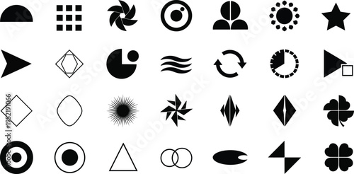 Collection of 25 unique black geometric and abstract symbols on a white background