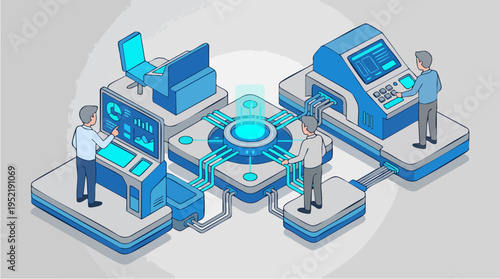 Futuristic Technology Laboratory with Data Analysis and Robotics in a Modern Digital Environment