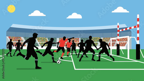 Football match with players in action on a stadium field with audience and goalposts