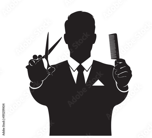 Professional barber silhouette in a suit holding scissors and comb, symbolizing haircutting services and grooming expertise