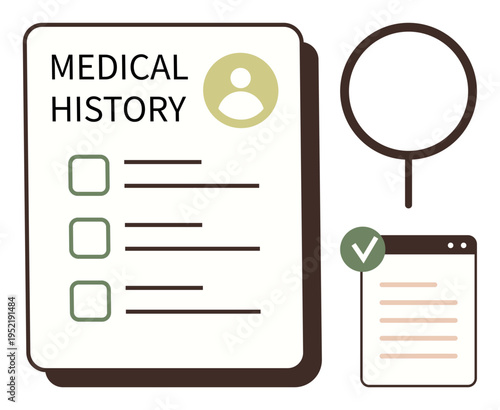 Healthcare records, patient management, health information, medical data, documentation, diagnosis tracking. A medical history form with a checklist and verification symbol. Healthcare records