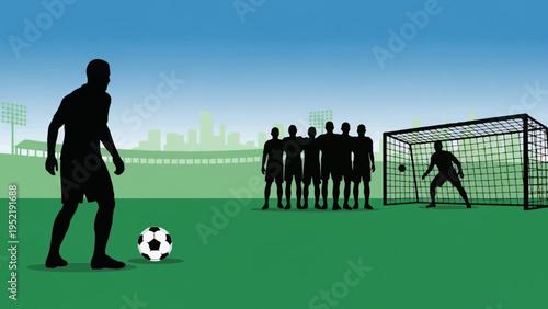 Silhouette of a soccer player preparing to take a penalty kick against a defensive wall and goalkeeper in a stadium