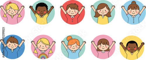 Diverse Happy Multiethnic Children Avatars Raising Hands in Colorful Circles for Education Inclusion Community and International Friendship Day Vector Illustration