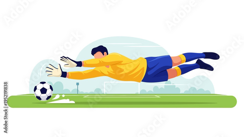 Goalkeeper in yellow diving to catch a soccer ball on a green field with a stadium in the background