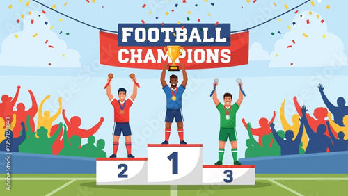 Football Champions Celebration on Podium with Audience and Confetti