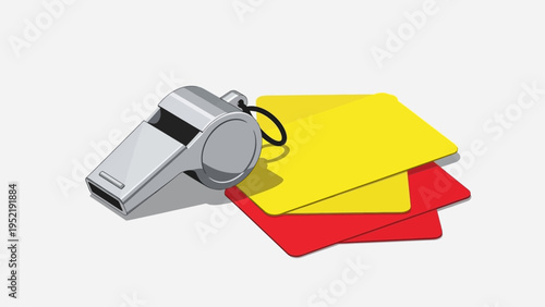 Referee whistle and stacked yellow and red cards, symbolizing sports penalties and game discipline