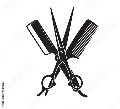 Vector graphic of crossed barber tools sharp scissors, classic comb, and straight razor. Symbolizes professional grooming, quality hairdressing, and salon services